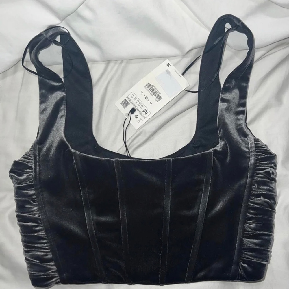 Zara Grey velvet corset crop top with pleated sides Size Med